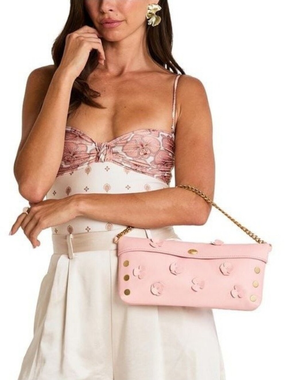 Hammitt Invitation Brushed Gold Floral Clutch bag Flamingo pink pastel new NWT
